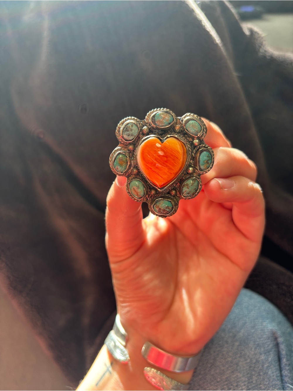 Handmade Orange Heart Turquoise Floral Statement Ring